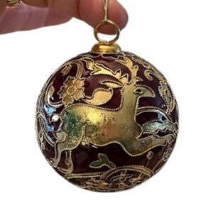 Vintage Cloisonné-Style Enamel Ornament – Gold Deer & Floral Design